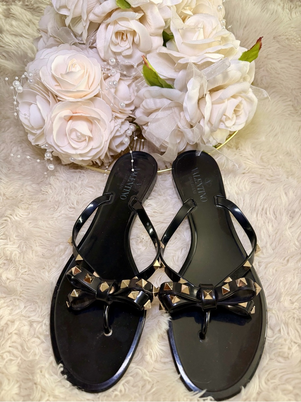 Valentino Black Jelly Rockstud Bow Sandals